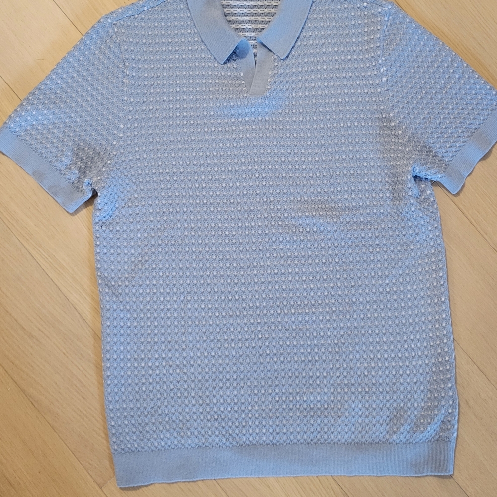 RHONE Men's Baby Blue Johnny Collar Textured Short Sleeve Polo Shirt